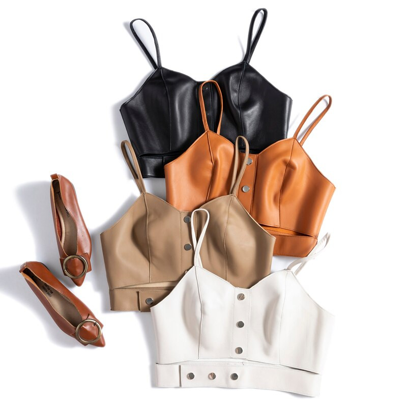 Slaganje modnih trendi ženskih seksi ženskih remena od prirodne kože uz struk Mujer dugmad Punk bijeli prsluk Kratka košulja