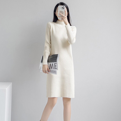 Νέο γυναικείο πουλόβερ Φόρεμα φθινοπώρου Χειμώνας Κομψή μόδα μισό ψηλό γιακά Πλεκτό πουλόβερ με ρίγες Βασικό γυναικείο φόρεμα