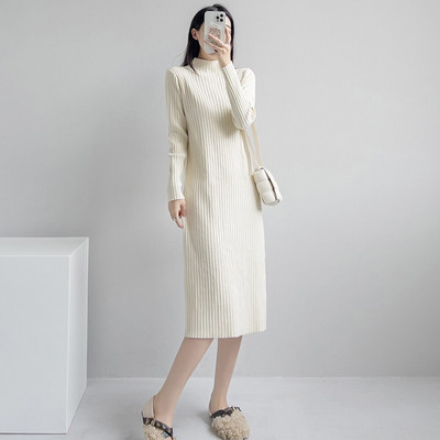 Νέο γυναικείο πουλόβερ Φόρεμα φθινοπώρου Χειμώνας Κομψή μόδα μισό ψηλό γιακά Πλεκτό πουλόβερ με ρίγες Βασικό γυναικείο φόρεμα