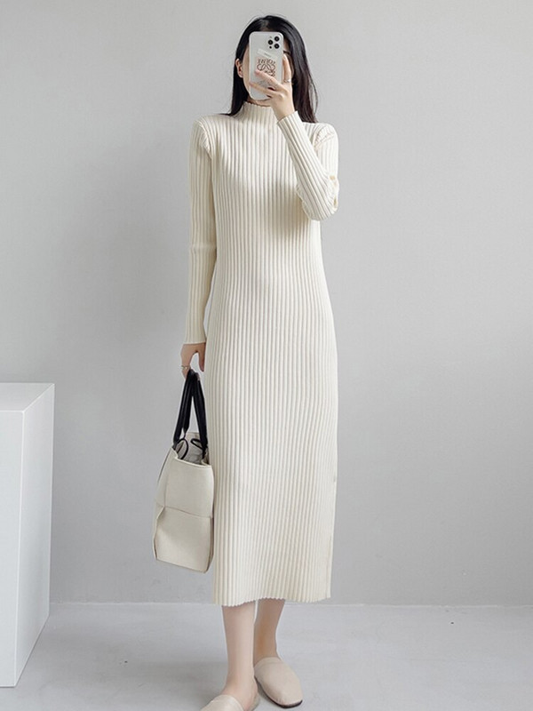 Νέο γυναικείο πουλόβερ Φόρεμα φθινοπώρου Χειμώνας Κομψή μόδα μισό ψηλό γιακά Πλεκτό πουλόβερ με ρίγες Βασικό γυναικείο φόρεμα