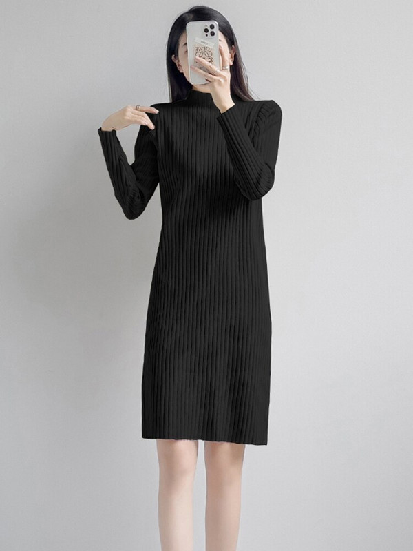 Νέο γυναικείο πουλόβερ Φόρεμα φθινοπώρου Χειμώνας Κομψή μόδα μισό ψηλό γιακά Πλεκτό πουλόβερ με ρίγες Βασικό γυναικείο φόρεμα