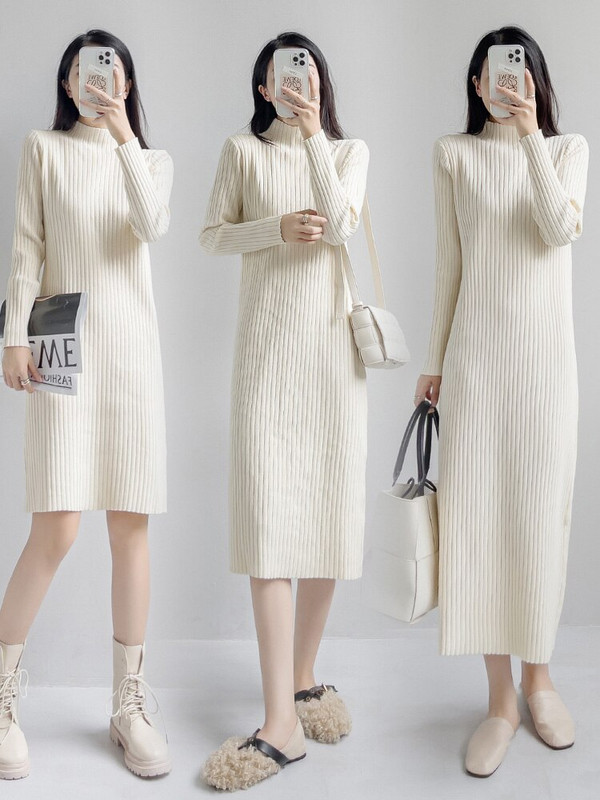 Νέο γυναικείο πουλόβερ Φόρεμα φθινοπώρου Χειμώνας Κομψή μόδα μισό ψηλό γιακά Πλεκτό πουλόβερ με ρίγες Βασικό γυναικείο φόρεμα