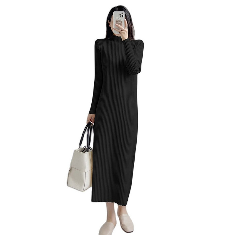 Νέο γυναικείο πουλόβερ Φόρεμα φθινοπώρου Χειμώνας Κομψή μόδα μισό ψηλό γιακά Πλεκτό πουλόβερ με ρίγες Βασικό γυναικείο φόρεμα
