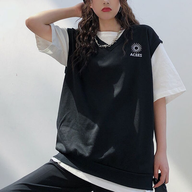 2022. gada rudens sieviešu apģērbi, jauni izšuvumi ar V veida kakla izgriezumu, sieviešu studentes korejiešu stila veste, brīva bezpiedurknēm, ikdienas veste meitenēm