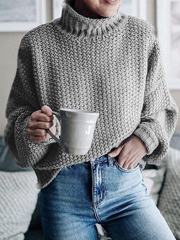 Χειμερινό πλεκτό πουλόβερ Γυναικείο πουλόβερ Casual Mock λαιμόκοψη Φαρδύ Vintage μακρυμάνικο πλεκτό Γυναικεία μόδα Κομψό μασίφ ζεστό πουλόβερ