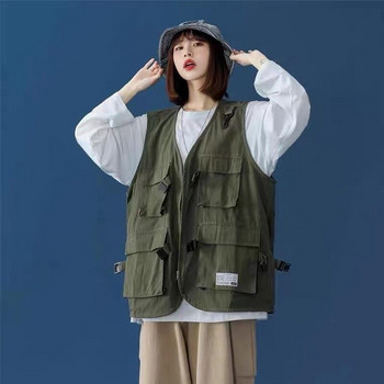 Γυναικεία γιλέκα με πολλές τσέπες Hip Pop Couple College Χαλαρά μπουφάν με φερμουάρ Αμάνικα Harajuku Retro BF Style Cargo Vest Casual παλτό