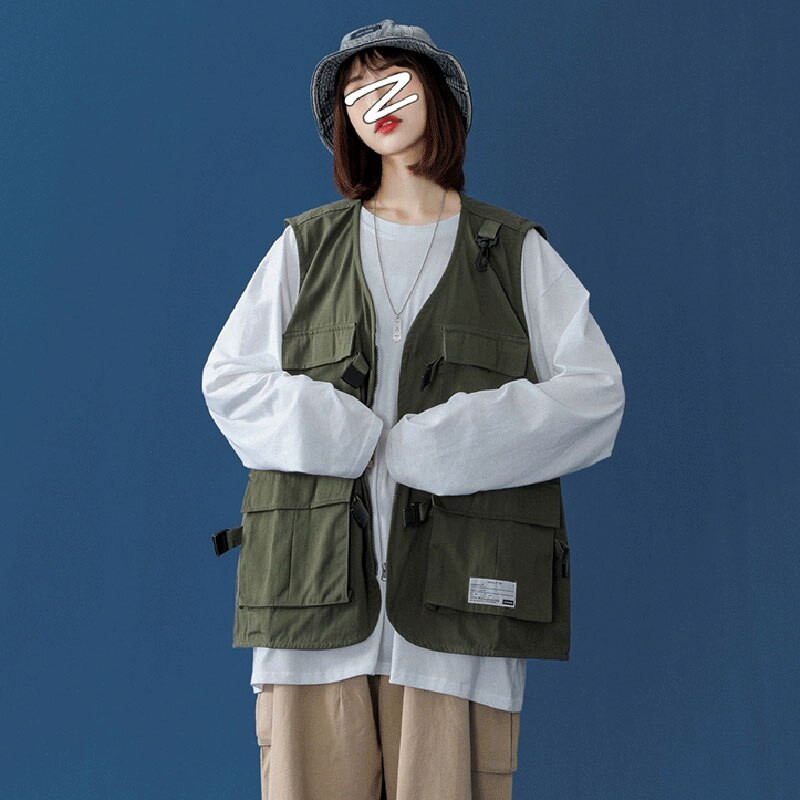 Ženski prsluci s više džepova Hip Pop za par Fakultetske široke jakne s patentnim zatvaračem Bez rukava Harajuku retro BF stil Cargo prsluk Ležerni kaputi