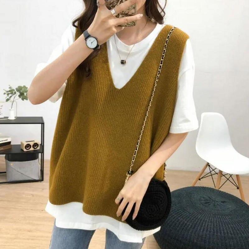 Γυναικείο φανελάκι Κορεάτικο στυλ Παντός αγώνα Γυναικείο μασίφ φαρδύ πλεκτό πουλόβερ Γυναικείο γιλέκο με λαιμόκοψη σε V-λαιμόκοψη πουλόβερ με λαιμόκοψη για έφηβες γιλέκο