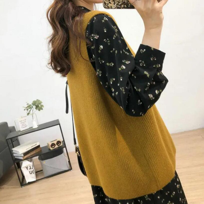 Γυναικείο φανελάκι Κορεάτικο στυλ Παντός αγώνα Γυναικείο μασίφ φαρδύ πλεκτό πουλόβερ Γυναικείο γιλέκο με λαιμόκοψη σε V-λαιμόκοψη πουλόβερ με λαιμόκοψη για έφηβες γιλέκο