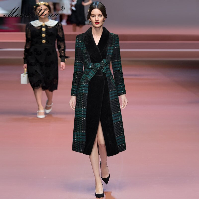 MoaaYina Fashion Designer Runway Vējjaka Kažokādas apkakle ar garām piedurknēm šņorējama pleds Saglabā siltumu Ērts vējjakas mētelis