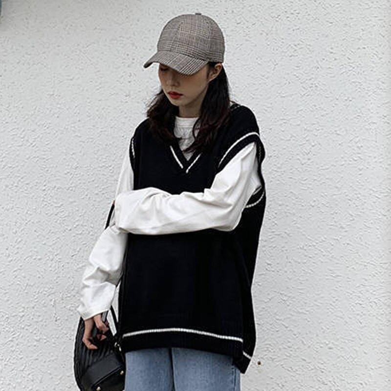 JMPRS Rudens Vienkāršā veste sievietēm ar V kakla izgriezumu, melns trikotāžas džemperis bez piedurknēm studentu tanki korejiešu modes balta veste