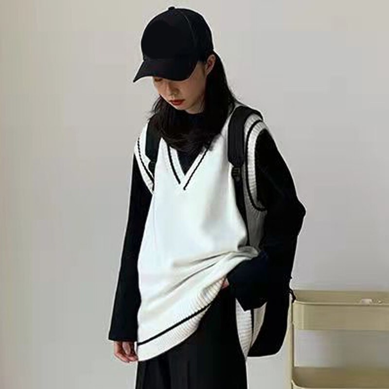 JMPRS Rudens Vienkāršā veste sievietēm ar V kakla izgriezumu, melns trikotāžas džemperis bez piedurknēm studentu tanki korejiešu modes balta veste