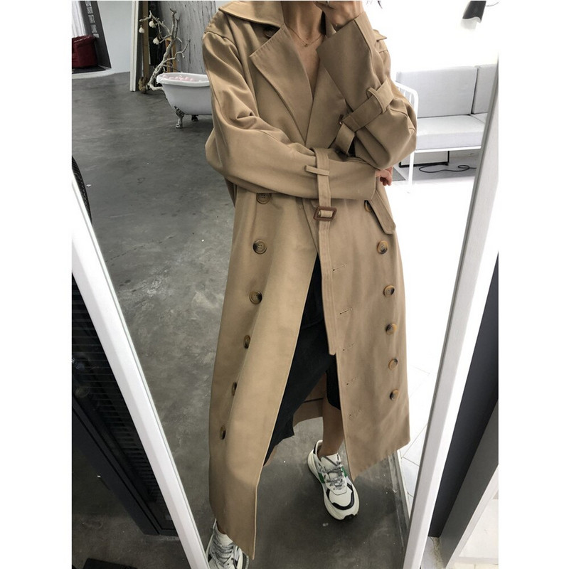 Sieviešu mētelis melns/ haki krāsas virsjaka ikdienas kokvilnas divrindu gara sieviešu jaka ar jostu uz piedurknēm