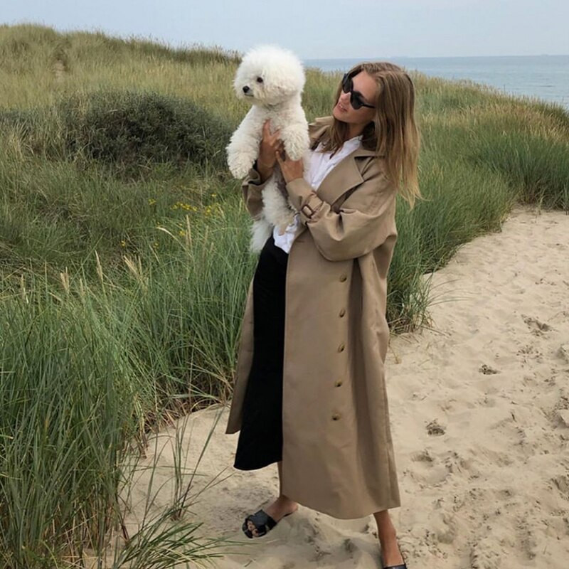 Sieviešu mētelis melns/ haki krāsas virsjaka ikdienas kokvilnas divrindu gara sieviešu jaka ar jostu uz piedurknēm