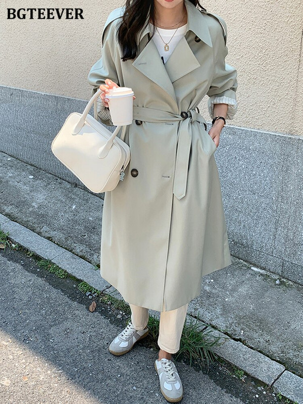 BGTEEVER Φθινοπωρινές χειμερινές γυναικείες καμπαρντίνες Διπλό στήθος με ζωσμένες παλτό Γυναικεία Κομψά Χαλαρά Γυναικεία αντιανεμικά