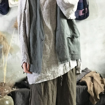 Johnature Γυναικεία vintage λινό γιλέκο Αμάνικο V-λαιμόκοψη, φθινόπωρο 2021 Νέο μονόχρωμο παλτό με τσέπες