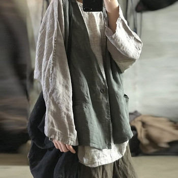 Johnature Γυναικεία vintage λινό γιλέκο Αμάνικο V-λαιμόκοψη, φθινόπωρο 2021 Νέο μονόχρωμο παλτό με τσέπες