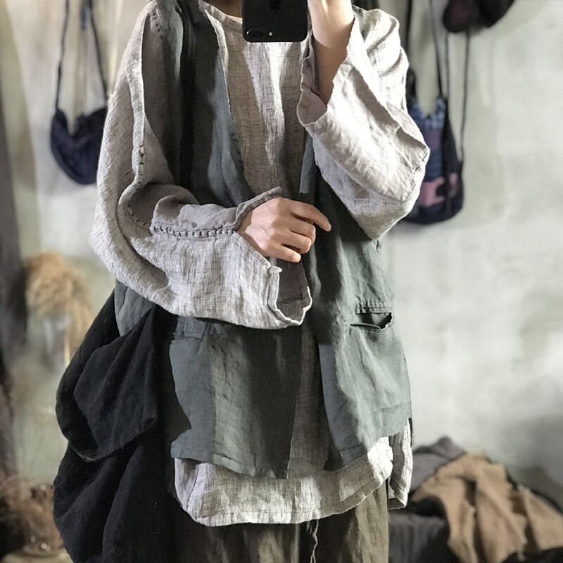 Johnature sieviešu vintage lina veste mēteļi bez piedurknēm V veida kakla ikdienas veste 2021. gada rudens jauns vienkrāsains kabatas mēteļi