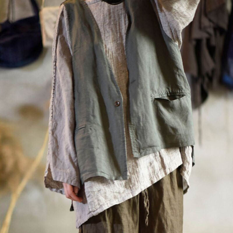 Johnature sieviešu vintage lina veste mēteļi bez piedurknēm V veida kakla ikdienas veste 2021. gada rudens jauns vienkrāsains kabatas mēteļi