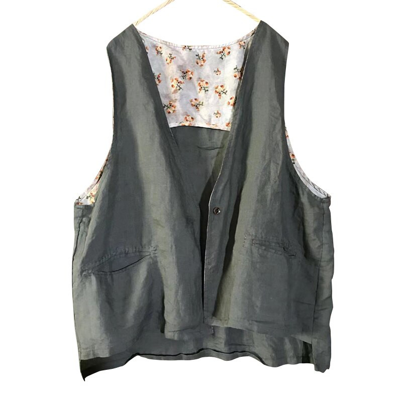 Johnature sieviešu vintage lina veste mēteļi bez piedurknēm V veida kakla ikdienas veste 2021. gada rudens jauns vienkrāsains kabatas mēteļi