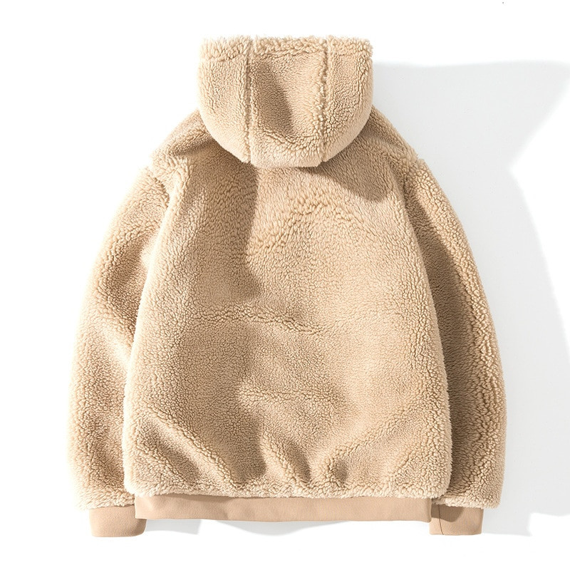 Jēra vilnas imitācijas ziemas mēteļi korejiešu modes bieza vaļīga silta jaka ar kapuci Pāra raksti plīša vīriešu Harajuku jaka