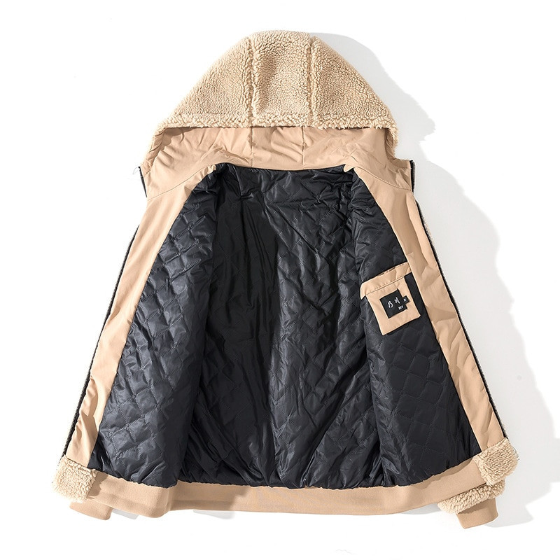 Jēra vilnas imitācijas ziemas mēteļi korejiešu modes bieza vaļīga silta jaka ar kapuci Pāra raksti plīša vīriešu Harajuku jaka