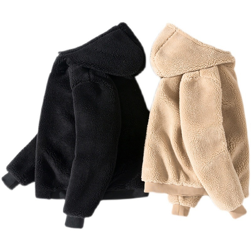 Jēra vilnas imitācijas ziemas mēteļi korejiešu modes bieza vaļīga silta jaka ar kapuci Pāra raksti plīša vīriešu Harajuku jaka