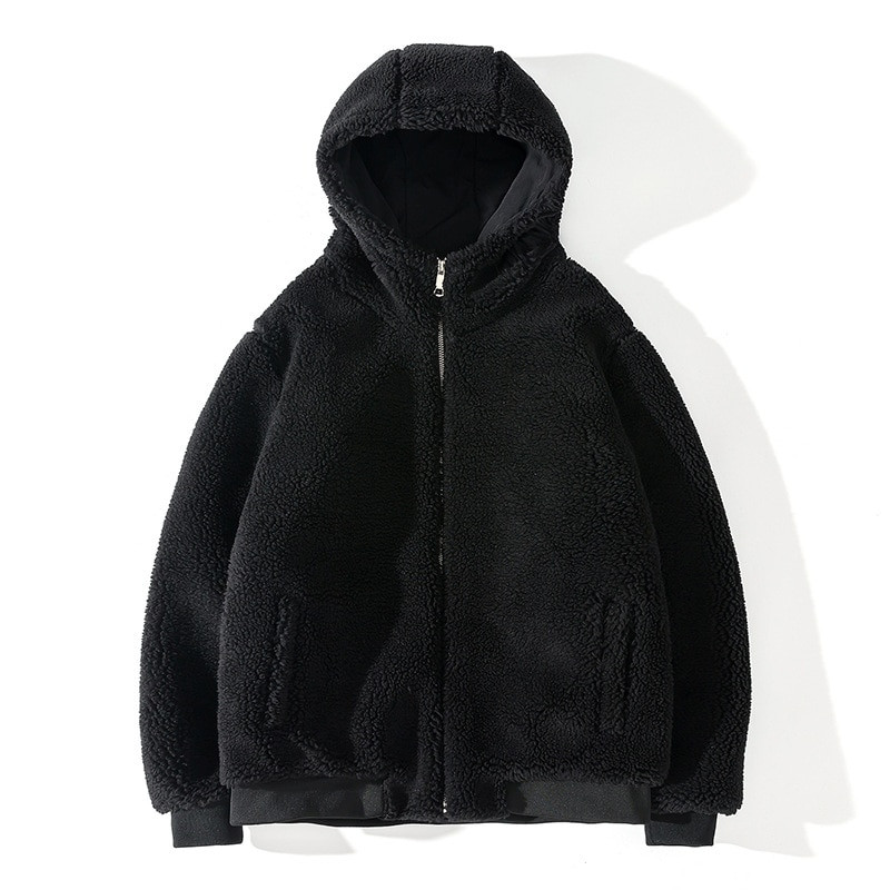 Jēra vilnas imitācijas ziemas mēteļi korejiešu modes bieza vaļīga silta jaka ar kapuci Pāra raksti plīša vīriešu Harajuku jaka