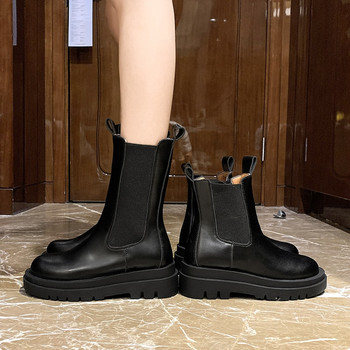 Γυναικείες μπότες 2021 Φθινοπωρινό ελαστικό ύφασμα Μαύρα γοτθικά παπούτσια Λευκό δερμάτινο πανκ Τσέλσι Τετράγωνο τακούνι Mid-Calf Botas De Mujer