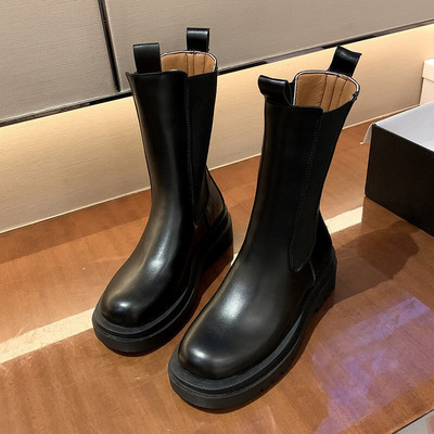 Moteriški batai 2021 m. Rudens elastingas audinys Juodi gotikiniai batai balti odiniai pankrokas „Chelsea Square“ kulnas iki blauzdos vidurio Botas De Mujer