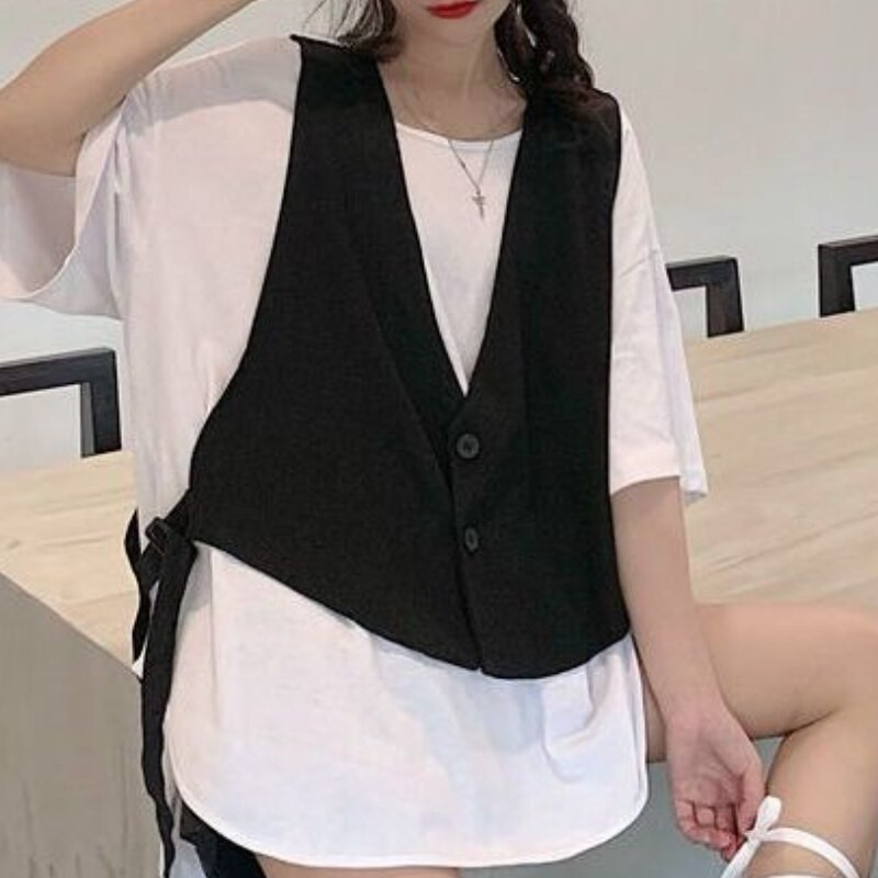 Karstā izpārdošana L-4XL Vestes Sieviešu Vasaras Plānas Jaunums Pārsējs Brīvs Melns Bezpiedurknēm Gothic Ikdienišķs Viss atbilstošs Unisex Fashion Bf Ins