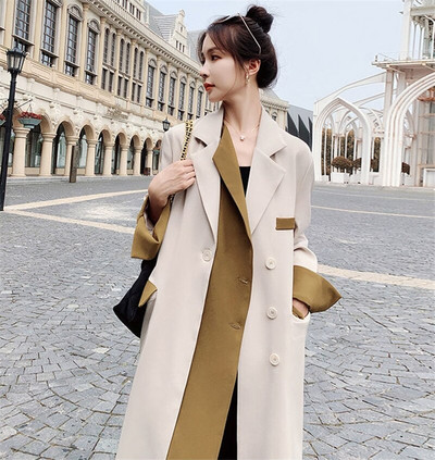 2022. gada rudens elegants sieviešu krāsai pieskaņots garš vējjaka augstas klases mētelis Britu divrindu, tievs jostas mētelis