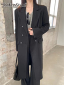 TWOTWINSTYLE melns elegants mētelis sievietēm ar atloku garām piedurknēm, divrindu masīvi minimālisma mēteļi, sieviešu korejiešu mode