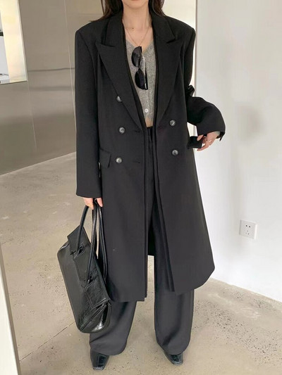 TWOTWINSTYLE melns elegants mētelis sievietēm ar atloku garām piedurknēm, divrindu masīvi minimālisma mēteļi, sieviešu korejiešu mode