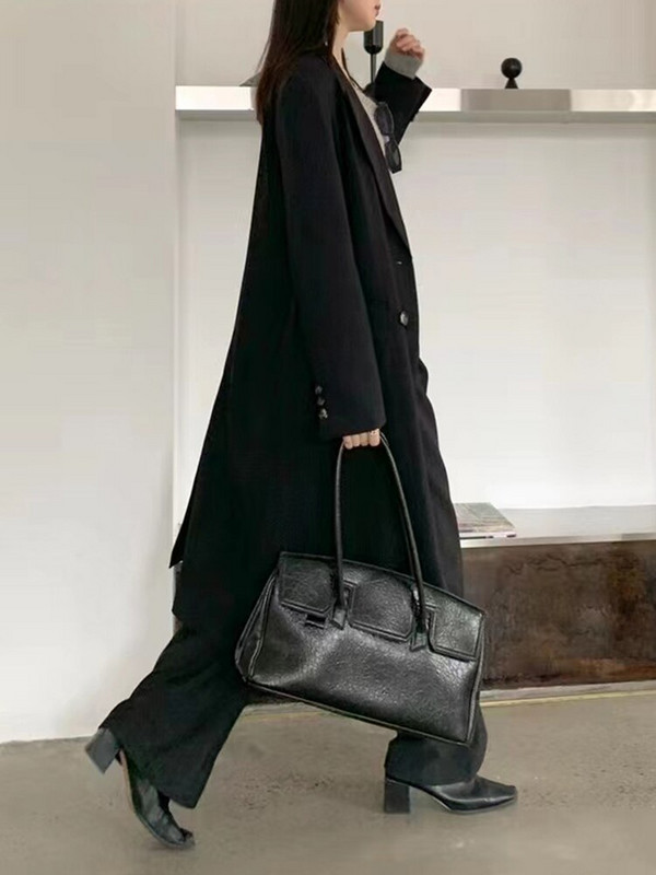 TWOTWINSTYLE melns elegants mētelis sievietēm ar atloku garām piedurknēm, divrindu masīvi minimālisma mēteļi, sieviešu korejiešu mode