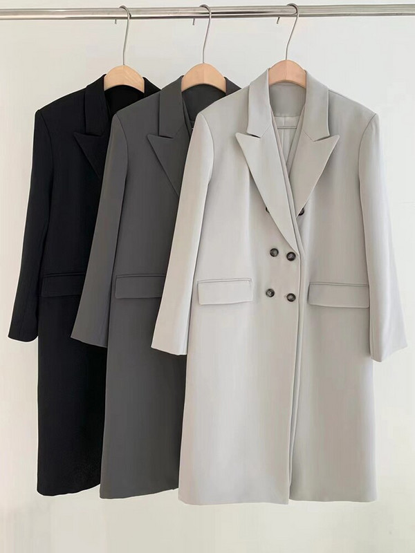 TWOTWINSTYLE melns elegants mētelis sievietēm ar atloku garām piedurknēm, divrindu masīvi minimālisma mēteļi, sieviešu korejiešu mode