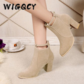 Puszābaki Sieviešu ziemas apavi Sieviešu modes zamšādas ādas sprādzes zābaki Sieviešu augstpapēžu kurpes Silti sieviešu zābaki ar rāvējslēdzēju