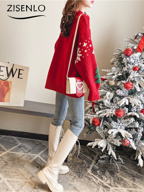 Sieviešu džemperis ziemas silts sarkans trikotāžas džemperis brīvs, slinks vējš ikdienišķs džemperis Ziemassvētku džemperis garām piedurknēm korejiešu modes tops