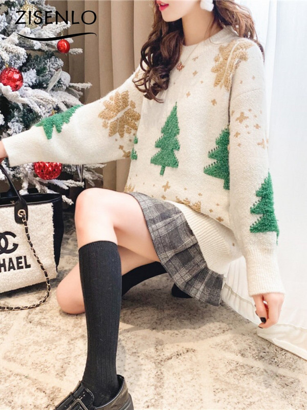 Sieviešu džemperis ziemas silts sarkans trikotāžas džemperis brīvs, slinks vējš ikdienišķs džemperis Ziemassvētku džemperis garām piedurknēm korejiešu modes tops