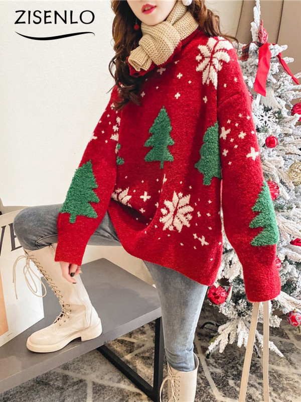 Sieviešu džemperis ziemas silts sarkans trikotāžas džemperis brīvs, slinks vējš ikdienišķs džemperis Ziemassvētku džemperis garām piedurknēm korejiešu modes tops
