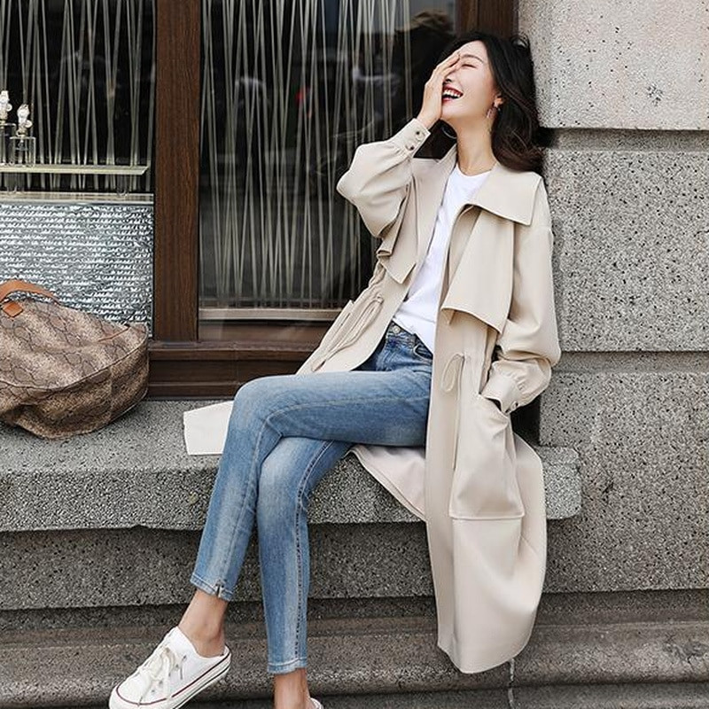 Trench Women Solid Elegants Britu Stils Regulējams Viduklis Mēteļi Eleganti Vispārpiemērots Korejiešu Modes Jaunums Ārdrēbes Sieviešu Estētisks
