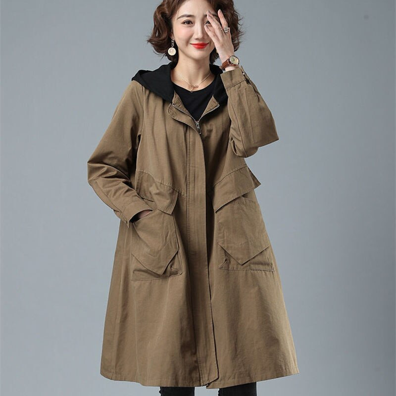 2022. gada jaunais pavasara rudens sieviešu mētelis, ikdienišķs vējjaka ar garu kapuci, brīva virsjaka, sieviešu brīvs vintage virsdrēbes, 4XL