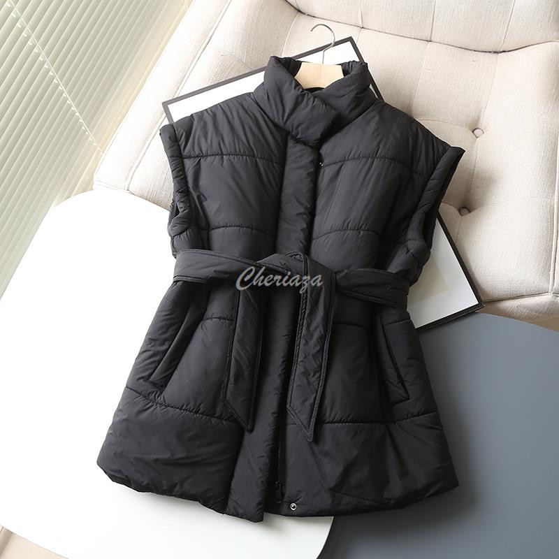 Cheriaza rudens ziema sieviete melna statīvs apkakle ikdienas veste silta veste cieta rāvējslēdzējs kabatas vestes jostas jostasvietas augšdaļa bez piedurknēm