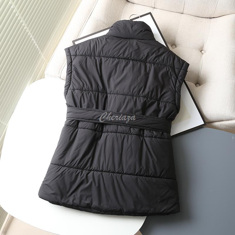 Cheriaza rudens ziema sieviete melna statīvs apkakle ikdienas veste silta veste cieta rāvējslēdzējs kabatas vestes jostas jostasvietas augšdaļa bez piedurknēm