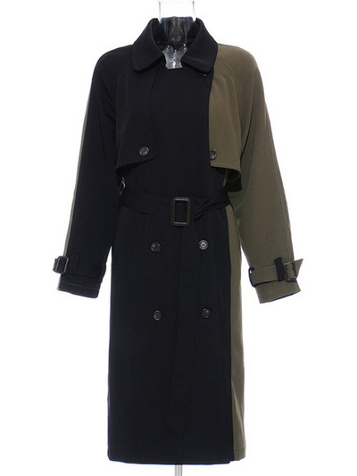 [EAM] Ženska crna kontrastna boja velike veličine Trench New široka vjetrovka s reverima dugih rukava Moda proljeće jesen 2022. 1DD2380