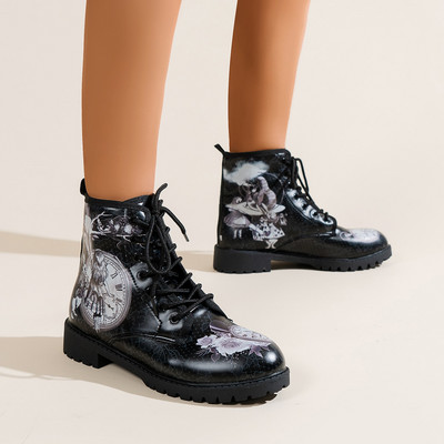 Čizme Jesen/zima 2022. Modna ženska radna odjeća Alisa u zemlji čudesa Čizme Visoke ženske ravne čizme s printom