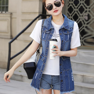 Fashion Hole sieviešu jaka bez piedurknēm pavasara slaida gara džinsa veste ikdienas džinsu veste Liela izmēra vasaras virsdrēbju mētelis 5XL