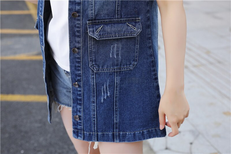 Fashion Hole sieviešu jaka bez piedurknēm pavasara slaida gara džinsa veste ikdienas džinsu veste Liela izmēra vasaras virsdrēbju mētelis 5XL