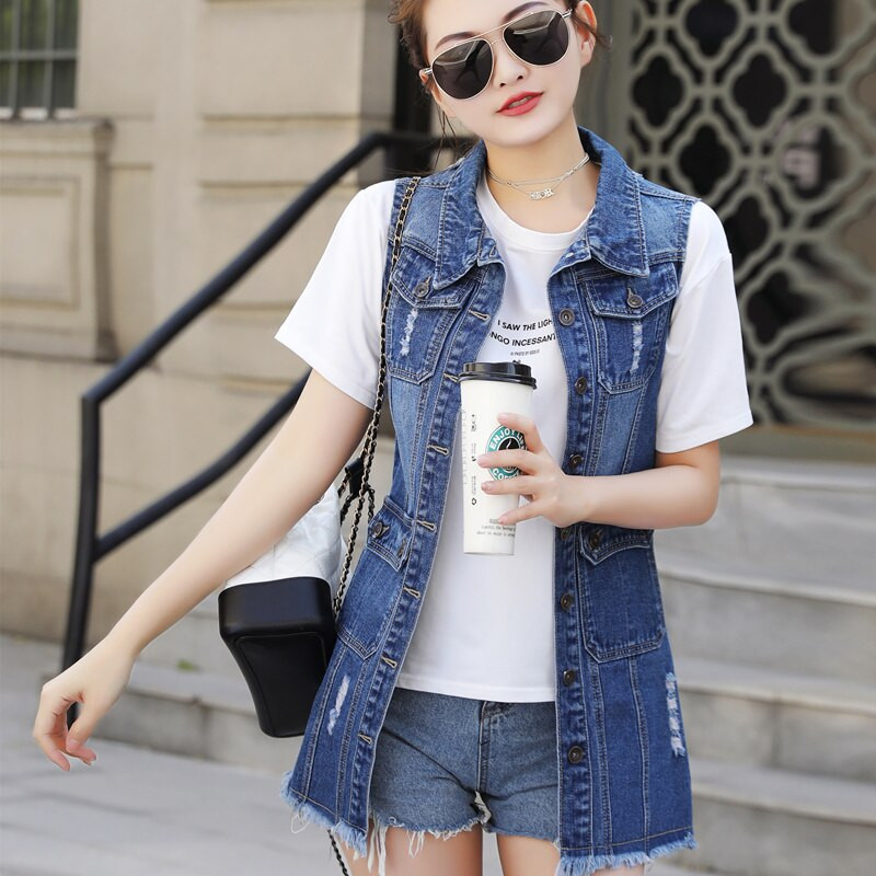 Fashion Hole sieviešu jaka bez piedurknēm pavasara slaida gara džinsa veste ikdienas džinsu veste Liela izmēra vasaras virsdrēbju mētelis 5XL