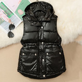 Ar kapuci spīdīga kokvilnas rāvējslēdzēja veste sieviešu matēta melna liela kabata bezpiedurknēm jaka ziemas pavasara polsterēta veste